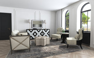 Hooker Furniture Sanctuary Noir Et Blanc Console – Marble-Effect Glass Doors, Soft-Close, Built-In Power, Fits 80" Tvs 5875-55480-00