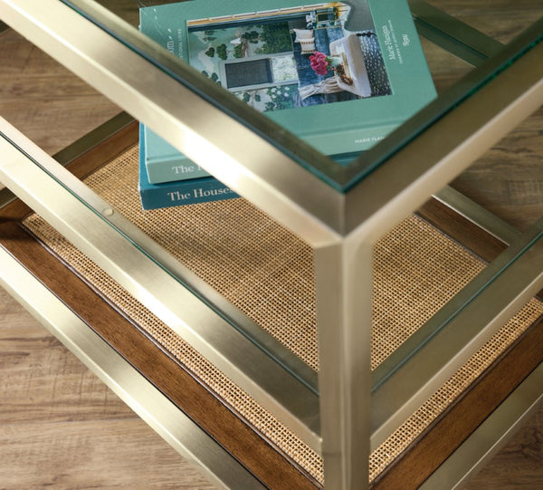 Hooker Furniture Melange Stainless Steel End Table With Tempered Glass, Cane Shelf & Mid‑Century Texture, 30"L X 20"W 628-80561-15