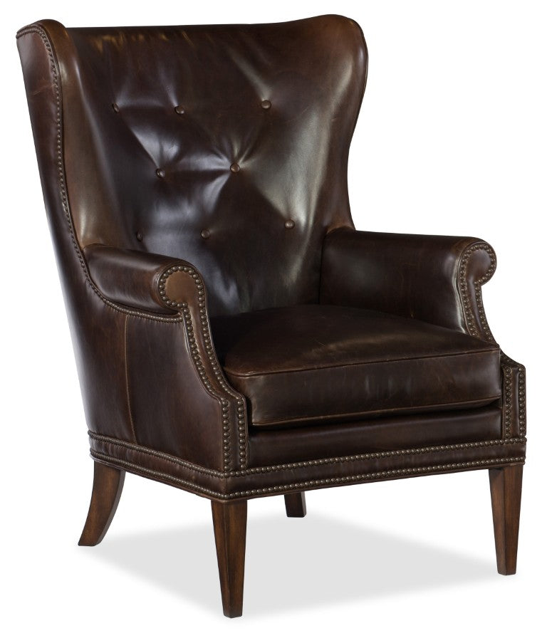 Hooker Furniture Maya Wingback Club Chair In Hand-Wiped Checkmate Pawn Leather With Nailhead Trim And Tufting Dark Brown CC513-089