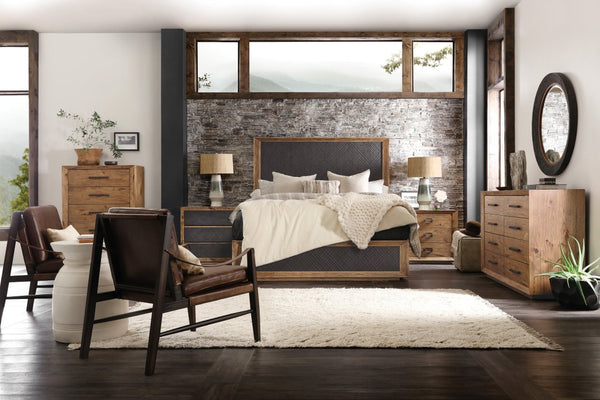 Hooker Furniture Big Hickory Queen Panel Bed With Rustic Crosshatch Texture, Charcoal Furrowed Bark Finish, Durable Craftsmanship 87.75 L x 63.75W x 70.25H 6700-90250-80