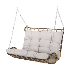 English Elm Christopher Knight Home® - ARRUDA Wicker Porch Swing with Water-Resistant Cushions, Iron Frame, Boho Outdoor Hanging Seat, 800 lb Capacity Brown+Beige 70653.00BGE