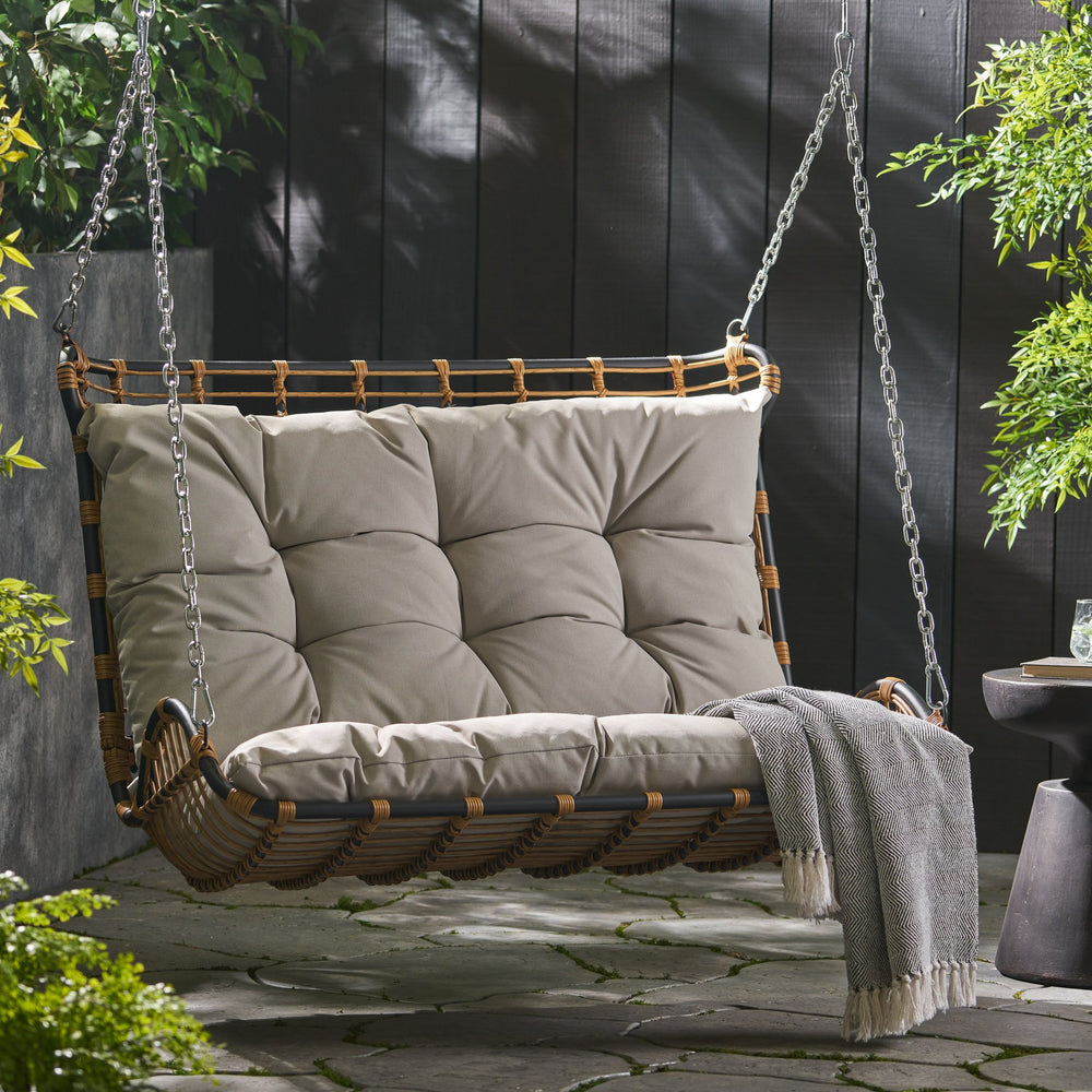 English Elm Christopher Knight Home® - ARRUDA Wicker Porch Swing with Water-Resistant Cushions, Iron Frame, Boho Outdoor Hanging Seat, 800 lb Capacity Brown+Beige 70653.00BGE