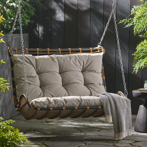English Elm Christopher Knight Home® - ARRUDA Wicker Porch Swing with Water-Resistant Cushions, Iron Frame, Boho Outdoor Hanging Seat, 800 lb Capacity Brown+Beige 70653.00BGE