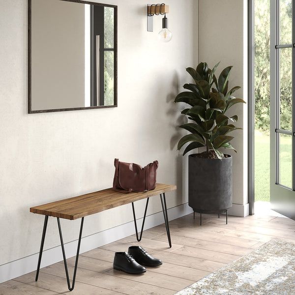 English Elm Colton Rustic Mango Wood Bench with Raw Edge Seat and Black Hairpin Legs — Handfinished Natural Finish (42") B136P158528