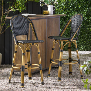 English Elm 29.5" Outdoor Pe Rattan Bistro Barstools Set of 2 Woven Teal French Cafe Style 72606.00BLK