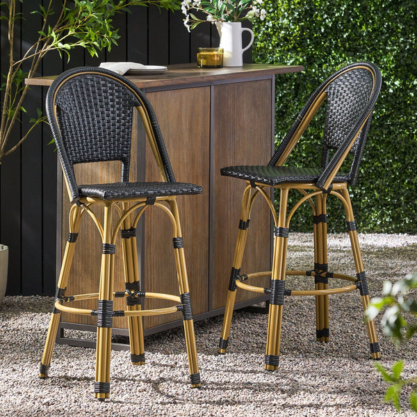 English Elm 29.5" Outdoor Pe Rattan Bistro Barstools Set of 2 Woven Teal French Cafe Style 72606.00BLK