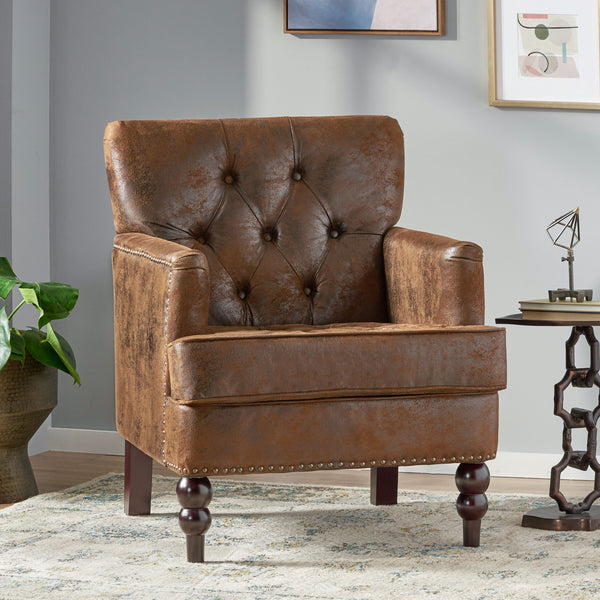 English Elm Christopher Knight Home® - HARRISON Tufted Club Chair with Diamond-Stitched Back, Nailhead Trim and Turned Birch Legs for Comfort and Style Brown 53444.00MF
