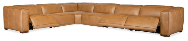 Hooker Furniture Fresco Modular 5-Seat Sectional In Warm Caramel Semi-Aniline Leather With Power Recline & Headrests 134.50 L x 171.25W x 30.50H SS404-6PC3-080
