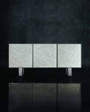 Bernhardt Bernhardt Helios Console With Capiz Starburst Panels, Polished Steel Legs & Hidden Storage Elegance 382860