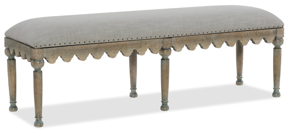 Hooker Furniture Boheme Vintage Madera Bed Bench With Antwerp Linen Seat, Scalloped Apron & Bronze Nailhead Trim, Antique Finish 5750-90019-MWD