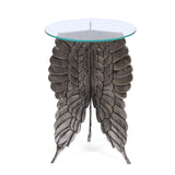 Christopher Knight Home® - Noble House - Joni Boho Glam Handcrafted Aluminum Fairy Wing Accent Table with Glass Top, Antique Nickel