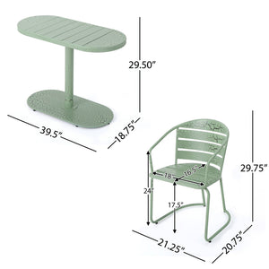 English Elm Santa Monica Outdoor Bistro Set Powder Coated Iron Oval Table Two Slat Chairs Patio Green 62015.00CGRN