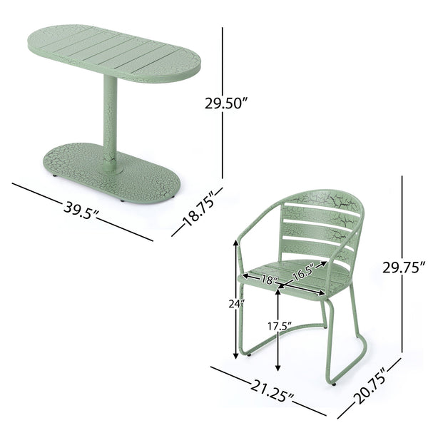 English Elm Santa Monica Outdoor Bistro Set Powder Coated Iron Oval Table Two Slat Chairs Patio Green 62015.00CGRN