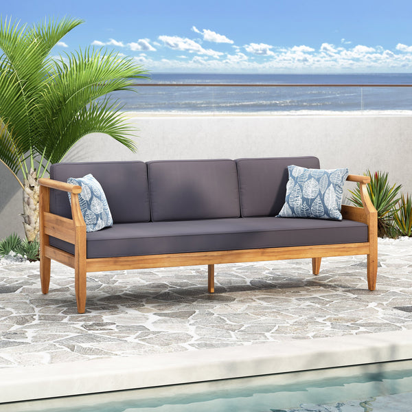 English Elm Christopher Knight Home® - ASTON Teak 3 Seater Sofa — Mid-Century Acacia Wood Frame, Slat Design & Water-Resistant Cushions 73001.00DGRY