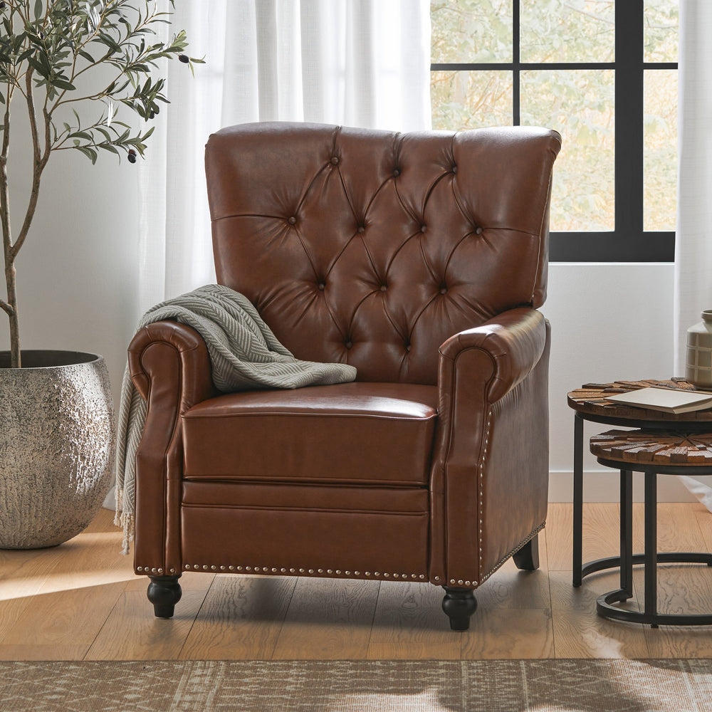 English Elm Christopher Knight Home® - Button Button Tufted Heavy Duty Manual Push-Back Recliner Chair with Nailhead Accents and Comfort Backrest Light Brown 71976.00PUCOGN