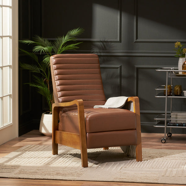English Elm Christopher Knight Home® - Faux Leather Wood Hand Manual Club Recliner Light Brown PU Push-Back Channel Stitching Rubberwood Frame 71261.00PUCOGN