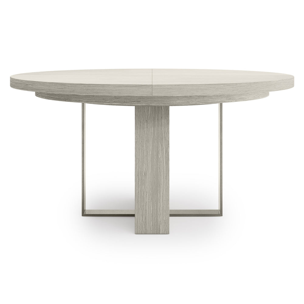 Bernhardt Bernhardt Tempo Round Dining Table With 20" Leaf — Wire‑Brushed Oak Pedestal, Satin Nickel Band Finish K2135