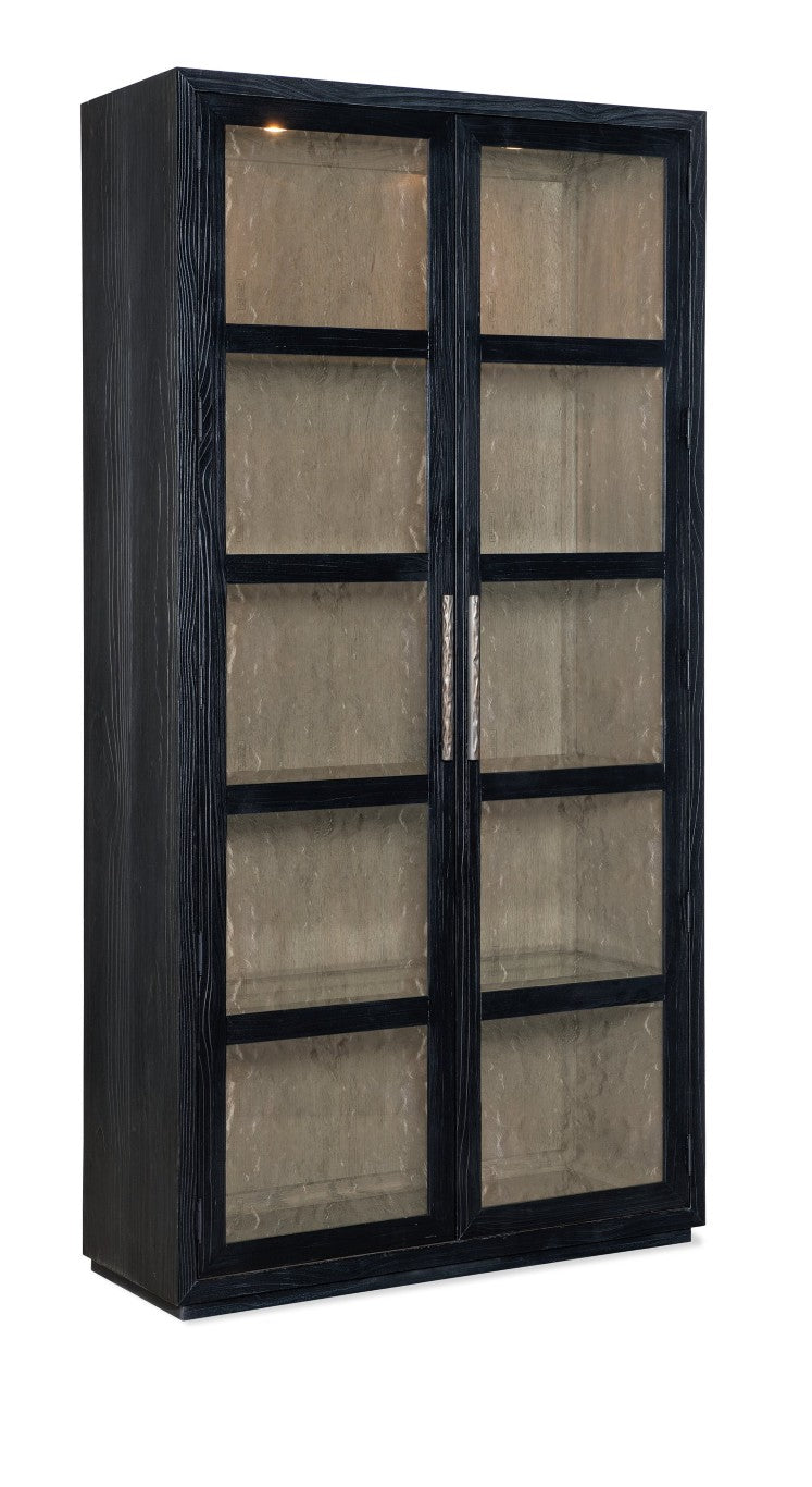 Hooker Furniture Linville Shou Sugi Ban Curio Cabinet — Charred-Black Pine, Mink Interior, Led Puck Lights, Adjustable Shelves 6150-75906-99