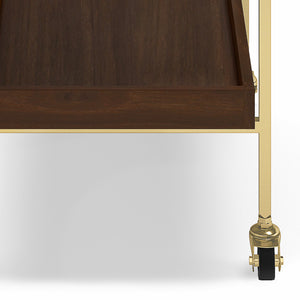 English Elm Jace Mango Wood Bar Cart 26" Cognac with Tempered Glass Shelves, Gold Metal Frame & Locking Wheels B136P158748