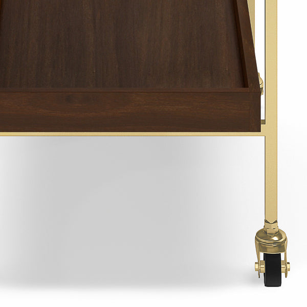 English Elm Jace Mango Wood Bar Cart 26" Cognac with Tempered Glass Shelves, Gold Metal Frame & Locking Wheels B136P158748