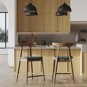 English Elm Counter Stools Set of Two Mid-century Rubberwood Frame Upholstered Kitchen Island Seating 72661.00