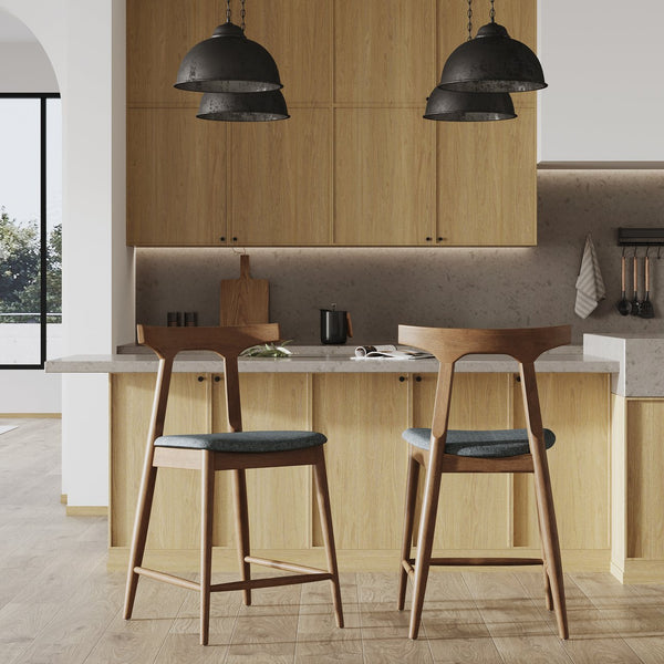 English Elm Counter Stools Set of Two Mid-century Rubberwood Frame Upholstered Kitchen Island Seating 72661.00