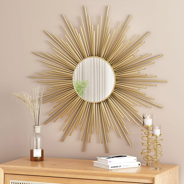 English Elm Christopher Knight Home® - WALL Sunburst Gold Mirror 34.5" Round Tempered Glass Iron Frame Glam Decorative Accent Piece 71552.00