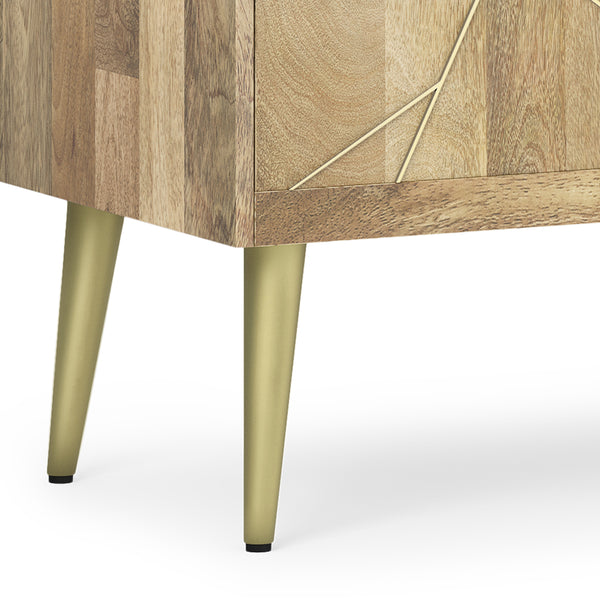 English Elm Jager Mango Wood TV Media Stand 60" Natural with Geometric Brass Inlay, Soft-Close Cabinets & Mid-Century Flair B136P158754