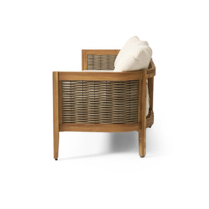English Elm Christopher Knight Home® - 76.5'' Acacia Wood Round Wicker 3-Seater Outdoor Sofa with Teak Finish, Water-Resistant Beige Cushions 74133.00