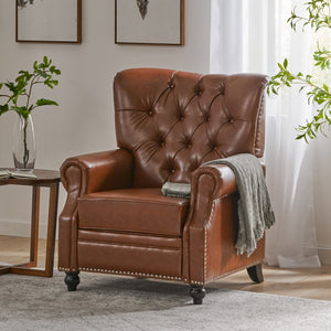 English Elm Christopher Knight Home® - Button Button Tufted Heavy Duty Manual Push-Back Recliner Chair with Nailhead Accents and Comfort Backrest Light Brown 71976.00PUCOGN