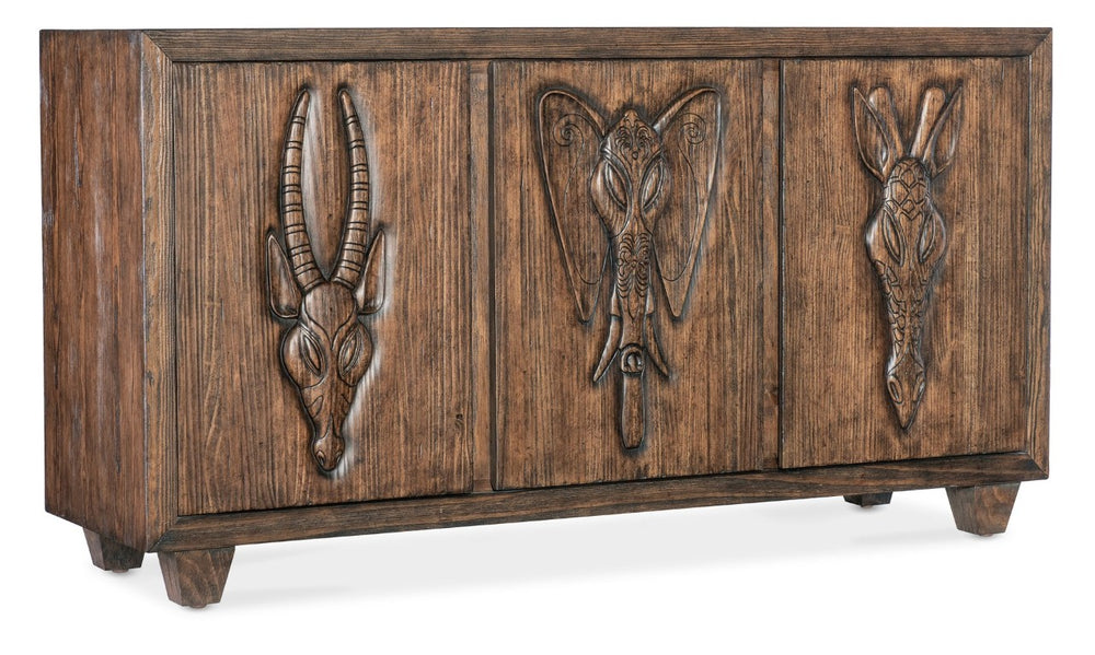 Hooker Furniture Commerce Safari Credenza With Distressed Pine & Carved Animal Motifs, Tv Console Storage W/ Cable Management (69") 7228-85099-85