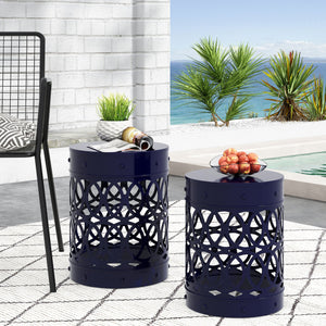 English Elm Outdoor Powder-coated Iron Nesting Accent Tables Set of 2 Laser-cut Circle Design Navy Blue 73606.00NBLU