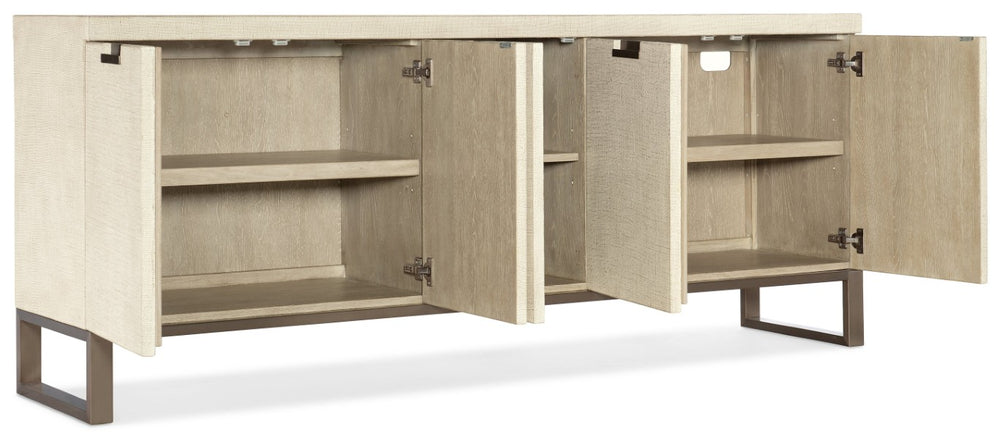 Hooker Furniture Cascade Server With Pebble Beach Lacquered Burlap Finish, Champagne Accents, Soft-Close Doors — Spacious 82" Storage 6120-75907-05