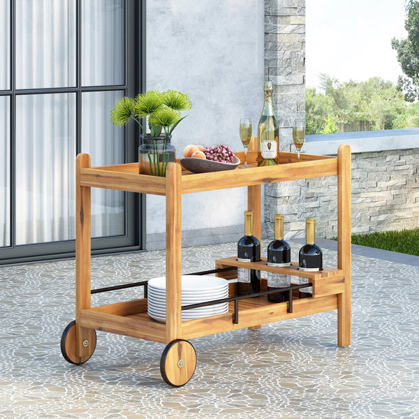 English Elm Christopher Knight Home® - LOUISIANA Bar Cart – Black Metal & Acacia Wood, Transitional Slat Design, Mobile with Wine Rack and Wheels 72835.00