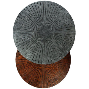 English Elm Drake Handcrafted 2-Pc Nesting Tables in Antique Nickel & Copper Finish — Etched Tops, Solid Metal Elegance B136P158590