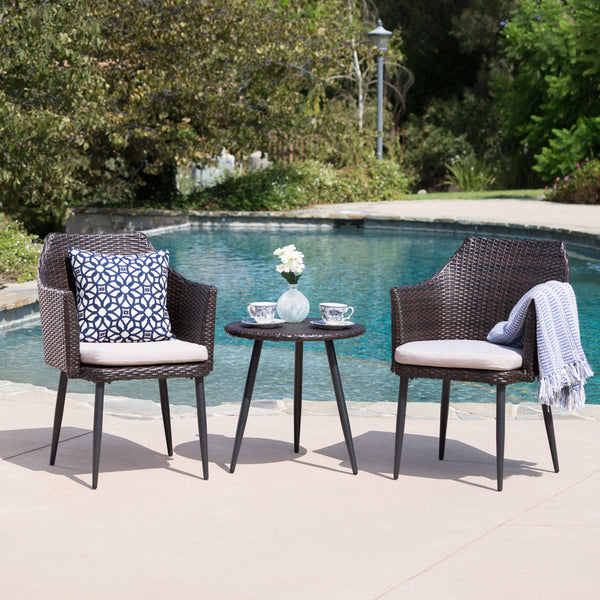 English Elm Christopher Knight Home® - KENNETH Brown Multi 3-Pc Chat Set – PE Rattan Bistro Outdoor Patio Seating with Waterproof Cushions and Iron Frame (Compact) 61209.00MBN