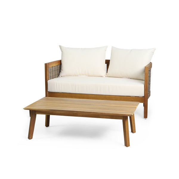 English Elm Christopher Knight Home® - 2 Outdoor Acacia Loveseat Set with Faux Rattan, Plush 6" Cushions & Slatted Coffee Table, Beige 71368.00