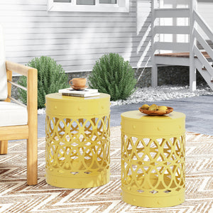 English Elm Outdoor Powder-coated Iron Nesting Accent Tables Set of 2 Laser-cut Circle Design Yellow 73606.00YLW