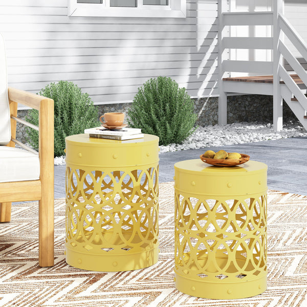 English Elm Outdoor Powder-coated Iron Nesting Accent Tables Set of 2 Laser-cut Circle Design Yellow 73606.00YLW