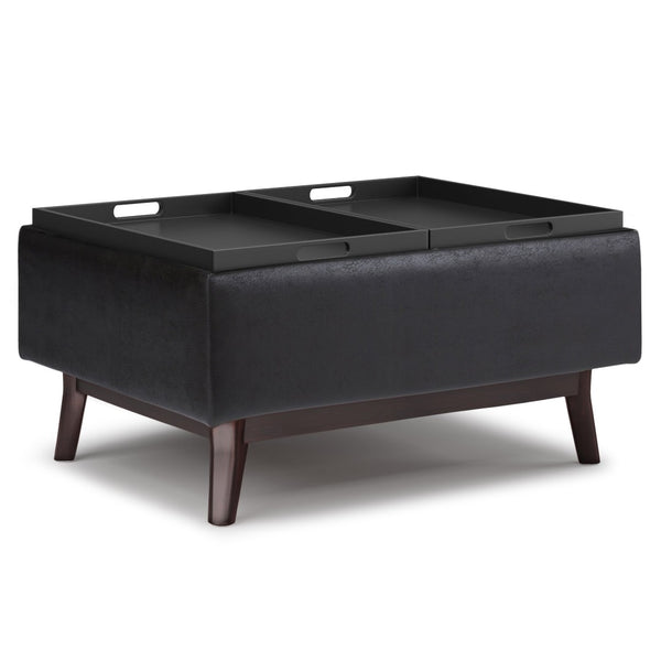 English Elm Owen - Mid-Century Style Coffee Table Ottoman With Storage & Serving Trays In Distressed Black Vegan Leather B136P160673-GIGA