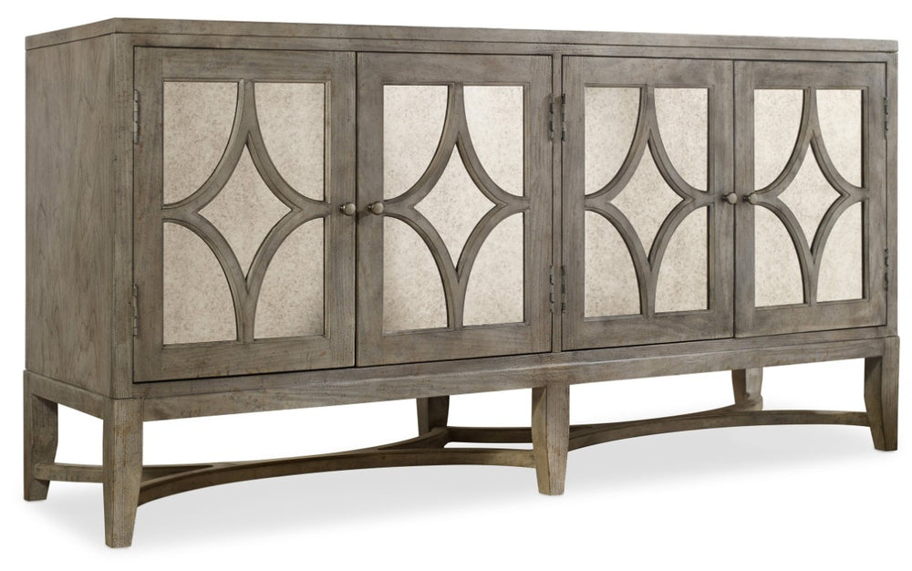 Hooker Furniture Diamante Shimmering Transitional Console With Light Cherry Gray Finish, Distressed Accents & Hidden Storage, 68" Wide 638-85102