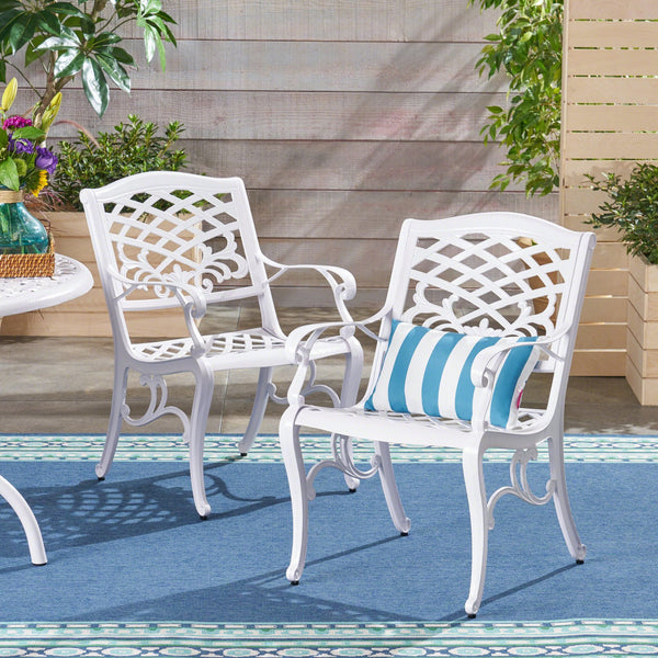 English Elm Phoenix Cast Aluminum Outdoor Dining Arm Chairs Ornate Lattice Scroll Garden Set White 54589.00WHI
