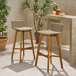 English Elm Christopher Knight Home® - LA La Brea Acacia Wood & Wicker Barstool Set of 2 — Outdoor Faux Rattan Seats with Iron X-Stretcher Frame Brown 65431.00LBRN