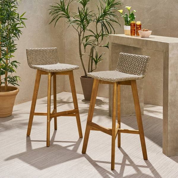 English Elm Christopher Knight Home® - LA La Brea Acacia Wood & Wicker Barstool Set of 2 — Outdoor Faux Rattan Seats with Iron X-Stretcher Frame Brown 65431.00LBRN
