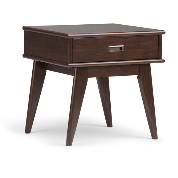 English Elm Draper Mid Century End Table - Handcrafted Solid Wood, Auburn Brown Finish & Spacious Storage Drawer B136P158147