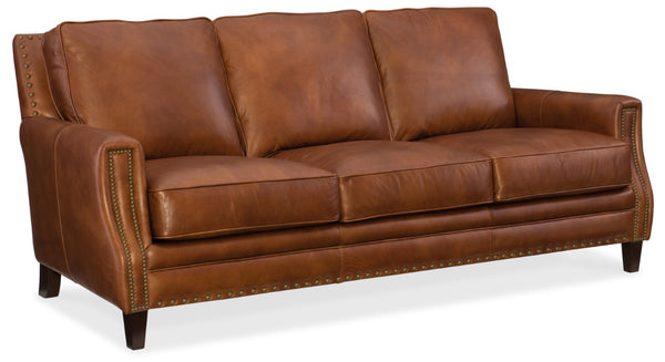 Hooker Furniture Exton Aniline Top Grain Leather Sofa In Natchez Brown With Nailhead Trim, Dark Wood Legs, Timeless Style Medium Brown SS387-03-087