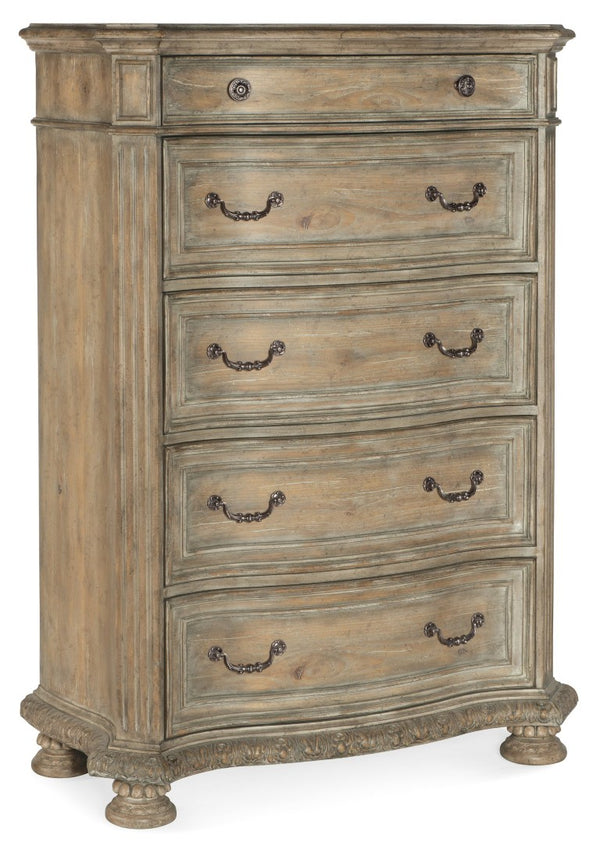 Hooker Furniture Castella Antique Slate Five-Drawer Chest With Cedar & Felt Liners, Carved Acanthus Molding Elegance 5878-90010-80