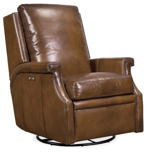 Hooker Furniture Collin Charcoal Aniline Leather Power Swivel Glider Recliner With Nailhead Trim And Plush Support Medium Brown RC379-PSWGL-083