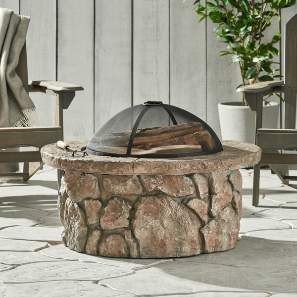 English Elm 34" Outdoor Concrete Wood Burning Fire Pit with Rustic Stone Finish for Patio Gatherings 60655.00