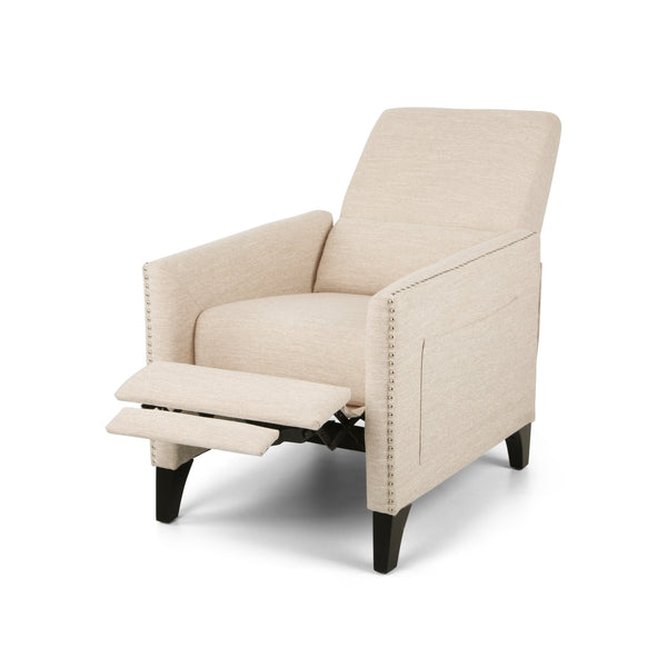English Elm Pushback Recliner Accent Chair Solid Birch Frame Rivet Detail Mid-century Living Room Seat Beige 65532.00BGE